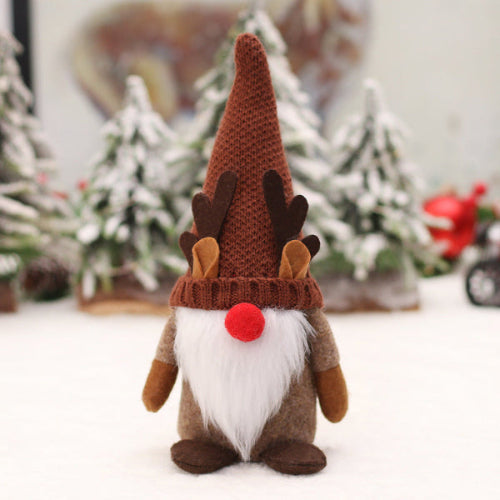 Kerst gnome/tomte met rendiergeweien – bruine muts, rode neus, witte baard – decor 10×20 cm