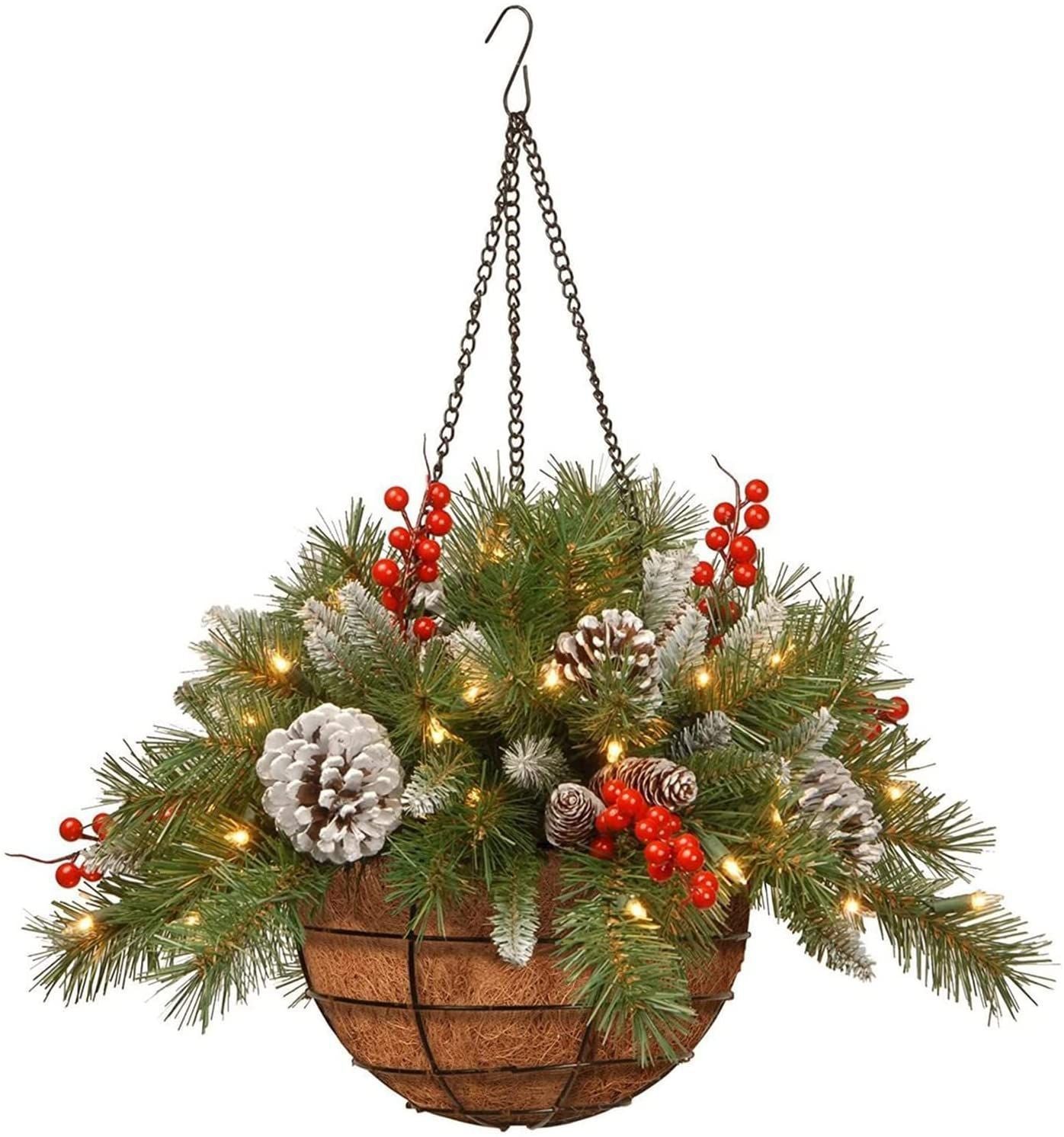 Hanging basket kerstdecoratie met dennegroen, rode bessen en warm-witte LED in kokosmand – AskYellow