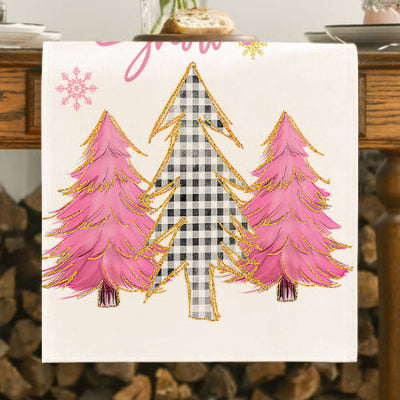 Kerst tafelloper met roze kerstbomen en ruitprint boom – AskYellow